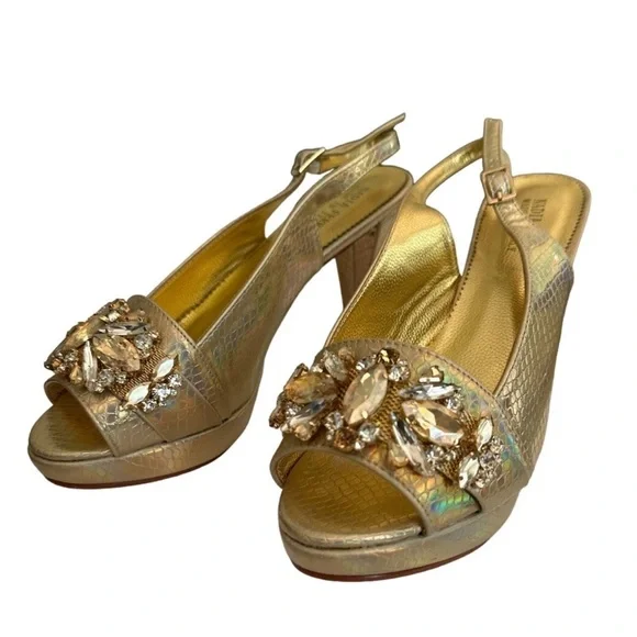Nadia Ferri ~ Size 9.5 ~ Gold Snakeskin Platform Heels Rhinestones Italy Women’s - Picture 3 of 11